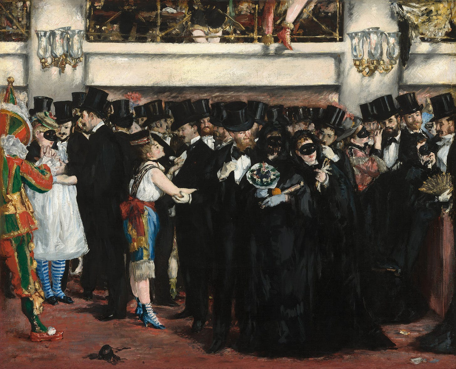 Oil painting titled "Masked Ball at the Opera" (1873) by Édouard Manet. The scene depicts a crowded, chaotic gathering in the lobby of the Paris Opera. A sea of men in identical black top hats and evening coats dominate the frame, mingling with women wearing black eye masks and colorful costumes.