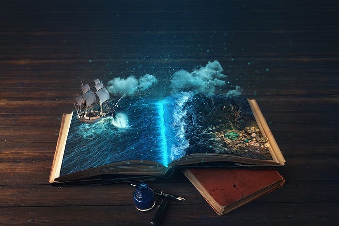a tiny sea ship riding over the pages of a book a tiny sea ship riding over the pages of a book