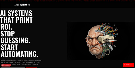 Screen shots of the acrid automation landing page highlighting the spacing and acrid scrolling head animation graphic that was not formatted properly.