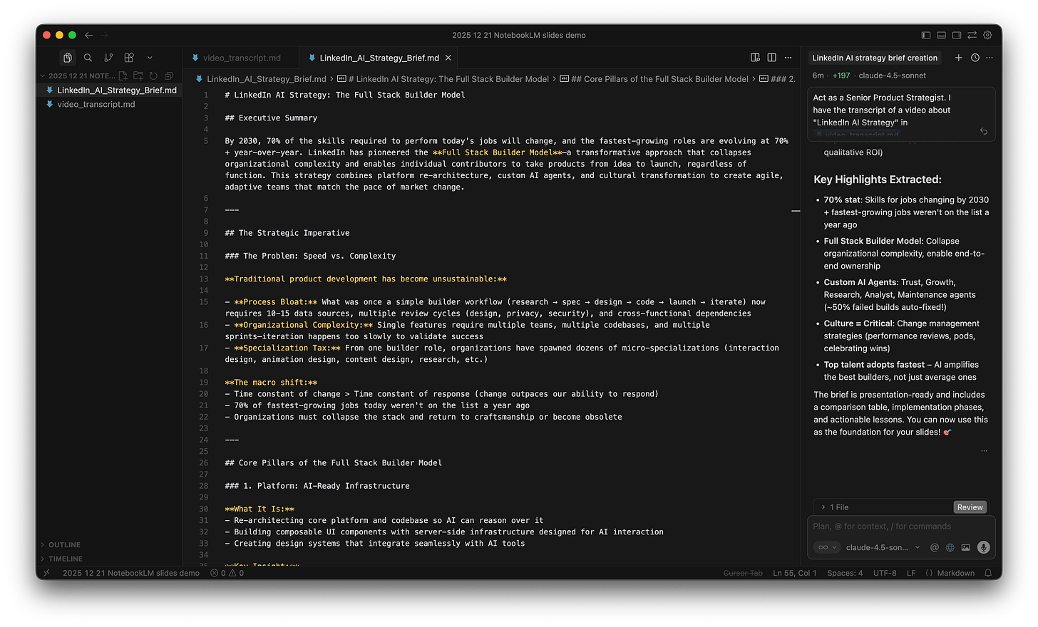 Screenshot of the Cursor editor showing the newly generated LinkedIn_AI_Strategy_Brief.md file with clear headers and bullet points alongside the AI chat summary.