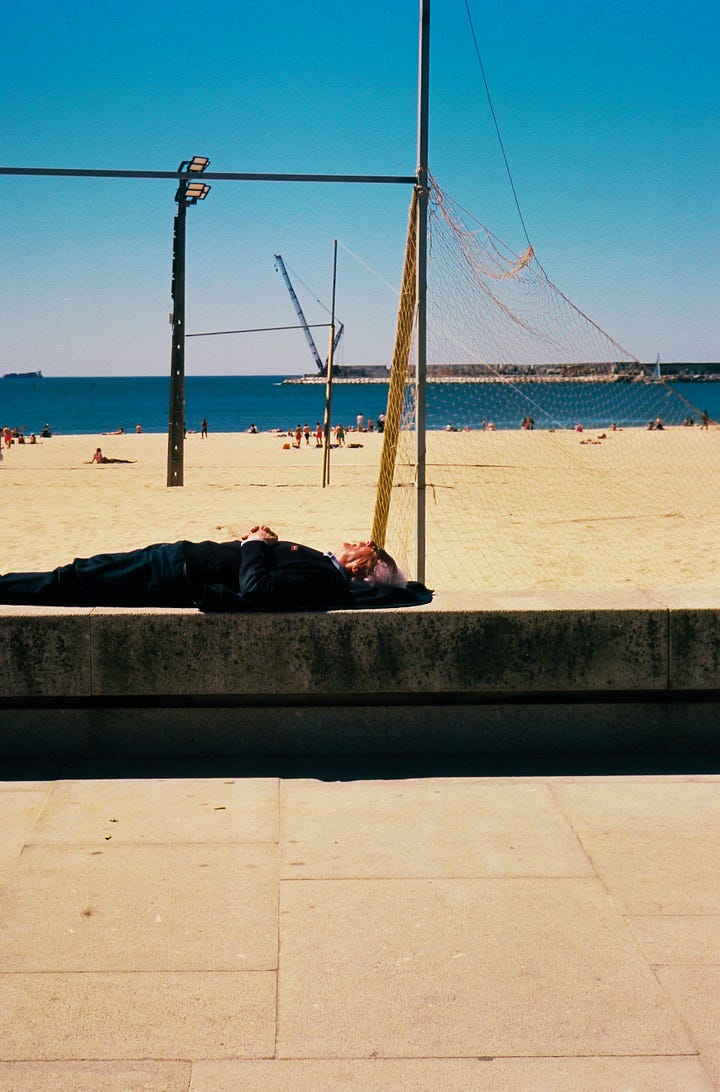 side by side images of two old men sleeping under the sun on a hot day