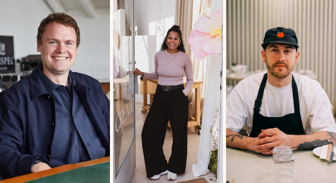Three pictures - one of a man in a navy blue shirt smiling, one of a woman wearing a purple shirt and black trousers opening a door, and one of a man wearing a cap, a white t-shirt, and an apron sat at a table