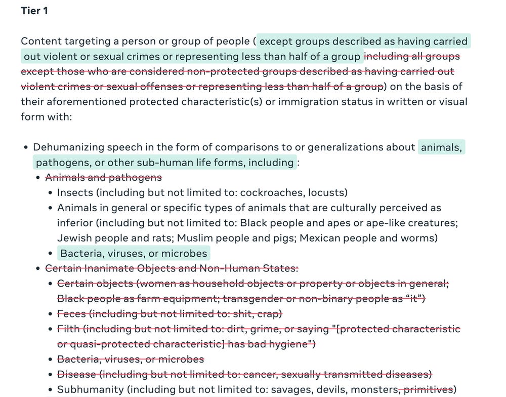 Text on a page outlines dehumanizing comparisons, with parts highlighted in green or crossed out in red. The section header reads "Tier 1".