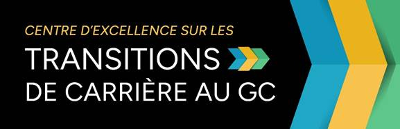 Une bannière avec les couleurs noir, bleu, jaune, vert et le texte « Centre d’excellence des transitions de carrière de GC » Une bannière avec les couleurs noir, bleu, jaune, vert et le texte « Centre d’excellence des transitions de carrière de GC »