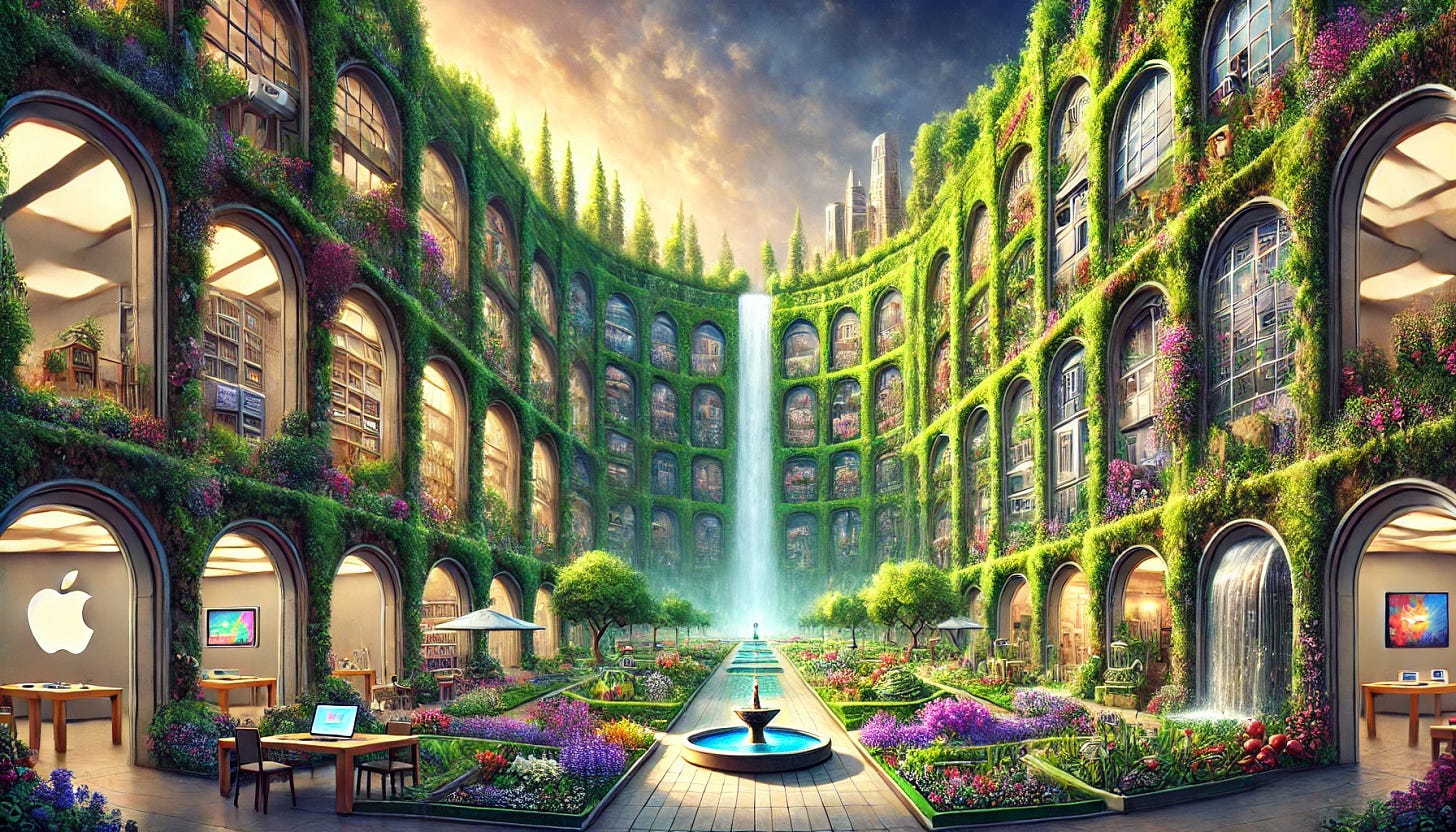 Create an image depicting Apple's Walled Garden. The interior of the garden should be extremely beautiful, filled with lush greenery, vibrant flowers, elegant fountains, and high-tech gadgets, showcasing a paradise-like environment. However, the garden should be surrounded by extremely high, imposing walls that suggest it is a prison, with no visible way to escape. The style should be a blend of hyperrealism and fantasy, using rich, saturated colors and intricate details to make the garden visually stunning. Consider incorporating elements of modern architecture and futuristic design to emphasize the high-tech aspect. The contrast between the inviting interior and the forbidding walls should be striking.