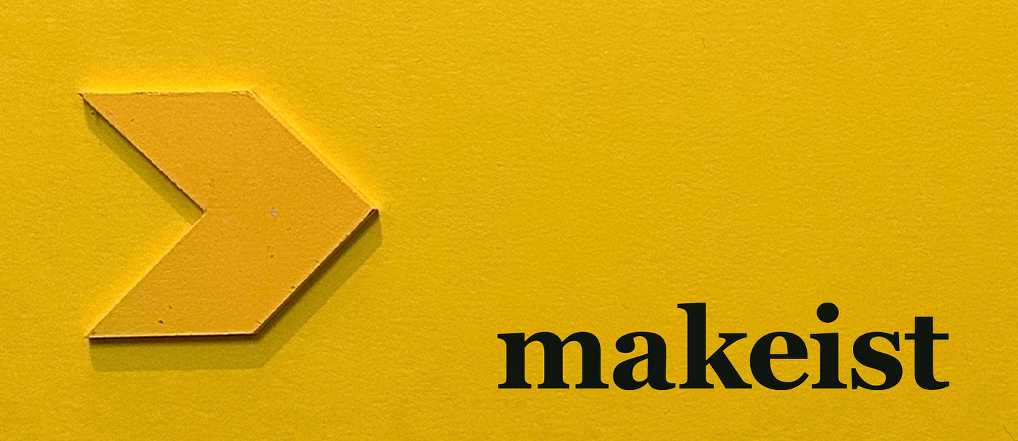 Makeist logo on a bright yellow wall with a raised arrow shape pointing right.