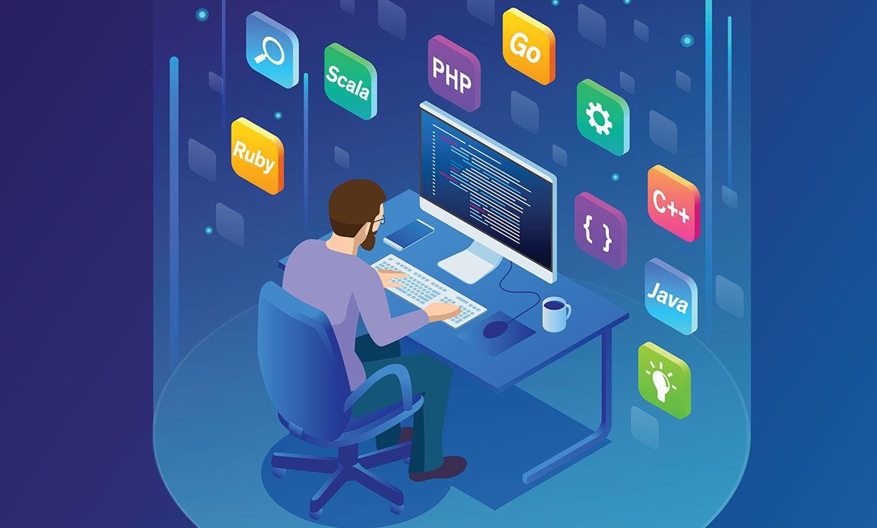Illustration of a programmer sitting in front of a computer with boxes that contain different programming languages names around him.