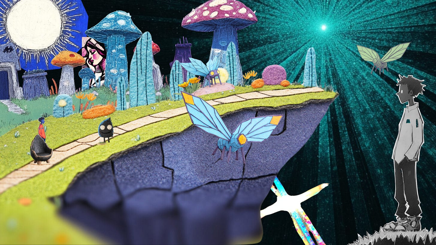 A digitally collage landscape depicting a fanciful other-worldly view. Oversized mushrooms and flora in colorful patterns serve as structures, accompanied by other strange plants. Whimsical fairy-like insect creatures can be seen. Blue with wings, fluttering near the center. The illustration has an ethereal, fantasy storybook style with bright, saturated colors contrasting against the dark, textured surface representing space underneath the scene.