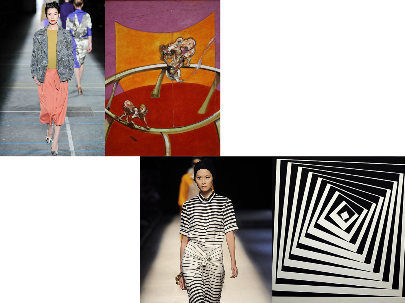 A collage pairing Dries Van Noten runway looks with painting references, including a model in soft pink and gray tones beside a Francis Bacon painting and a striped black-and-white look beside a geometric Op Art image. A collage pairing Dries Van Noten runway looks with painting references, including a model in soft pink and gray tones beside a Francis Bacon painting and a striped black-and-white look beside a geometric Op Art image.