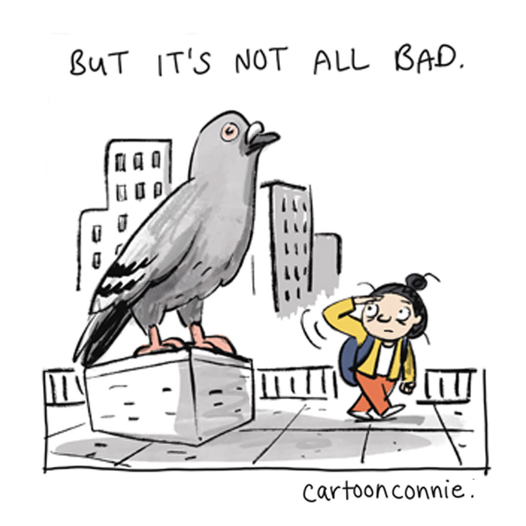 Panel 6 of a 6-panel diary comic with small scenes from New York City, drawn from memory by the artist. Titled "Small New York," 2026, by Connie Sun, cartoonconnie. 