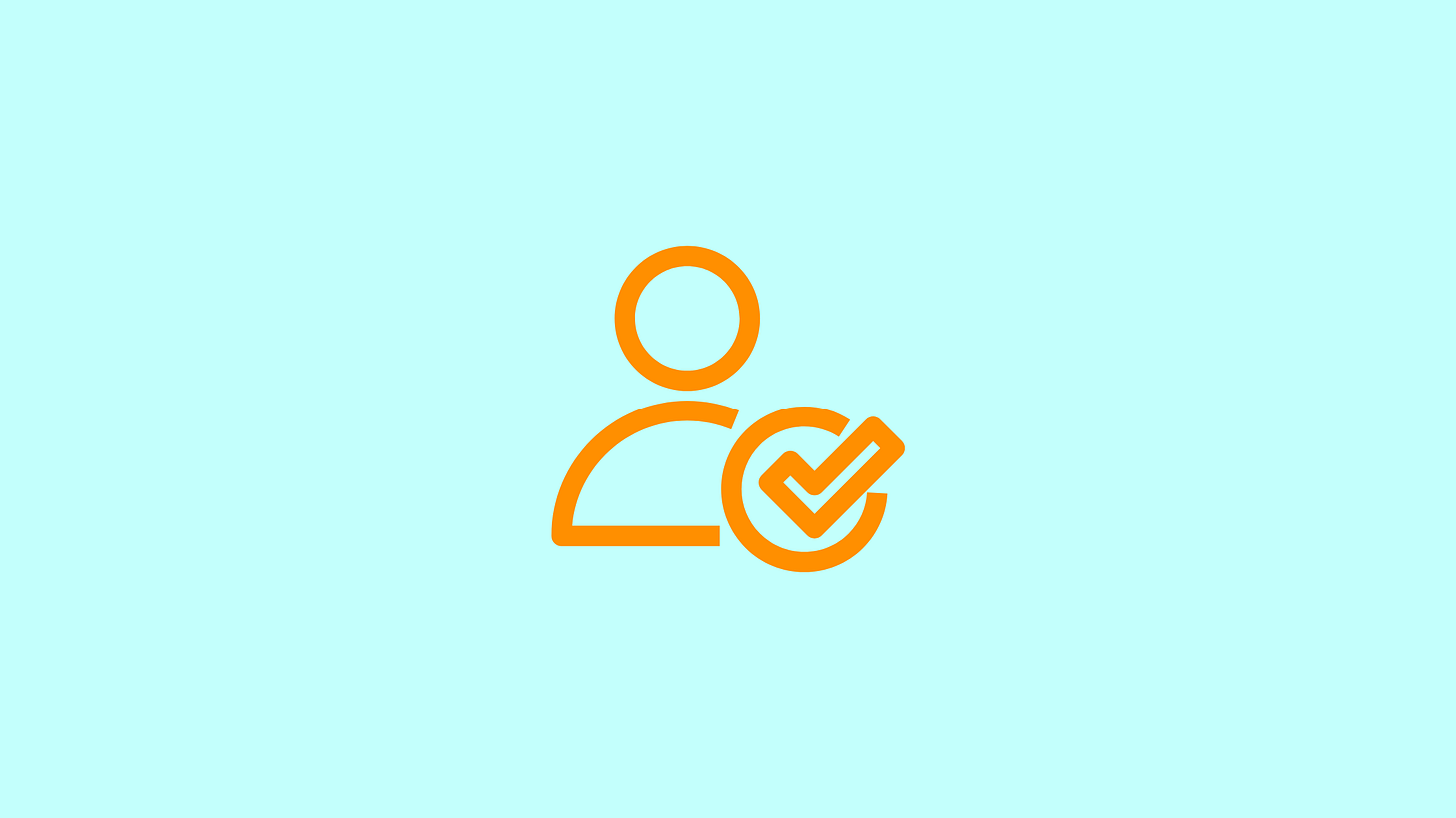 Orange icon of a person silhouette with a checkmark in a circle, indicating user verification or approval, on a light blue background