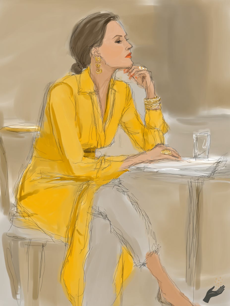 Loose painting of a seated person in a yellow outfit at a café table, chin resting on one hand beside a glass of water. Loose painting of a seated person in a yellow outfit at a café table, chin resting on one hand beside a glass of water.