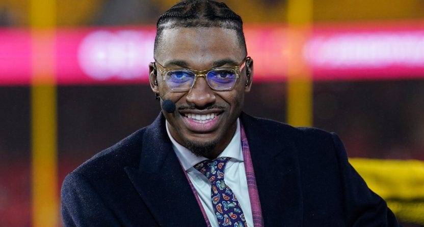 Nov 20, 2023; Kansas City, Missouri, USA; Monday Night Football commentator Robert Griffin III at the broadcast desk prior to a game between the Kansas City Chiefs and Philadelphia Eagles at GEHA Field at Arrowhead Stadium.