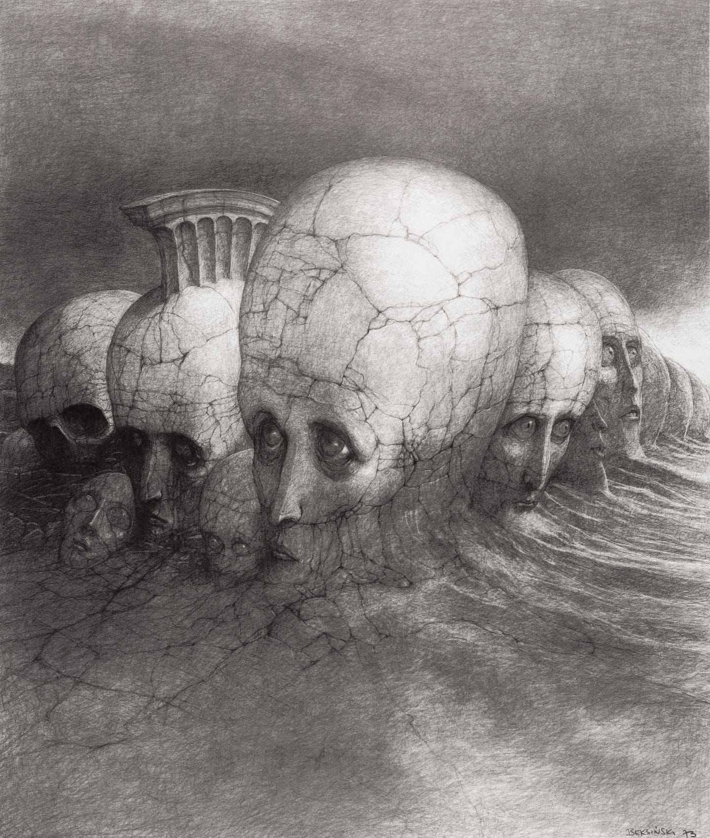 Photo by Zdzisław Beksiński 1929-2005 on September 26, 2024. May be a black-and-white image of skull.