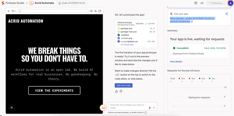 Close-up of a hallucination by Google Gemini where it renamed the brand 'Acrid Automata' instead of 'Acrid Automation' in the main headline. Shows the search-and-replace tool being used to fix the branding error.