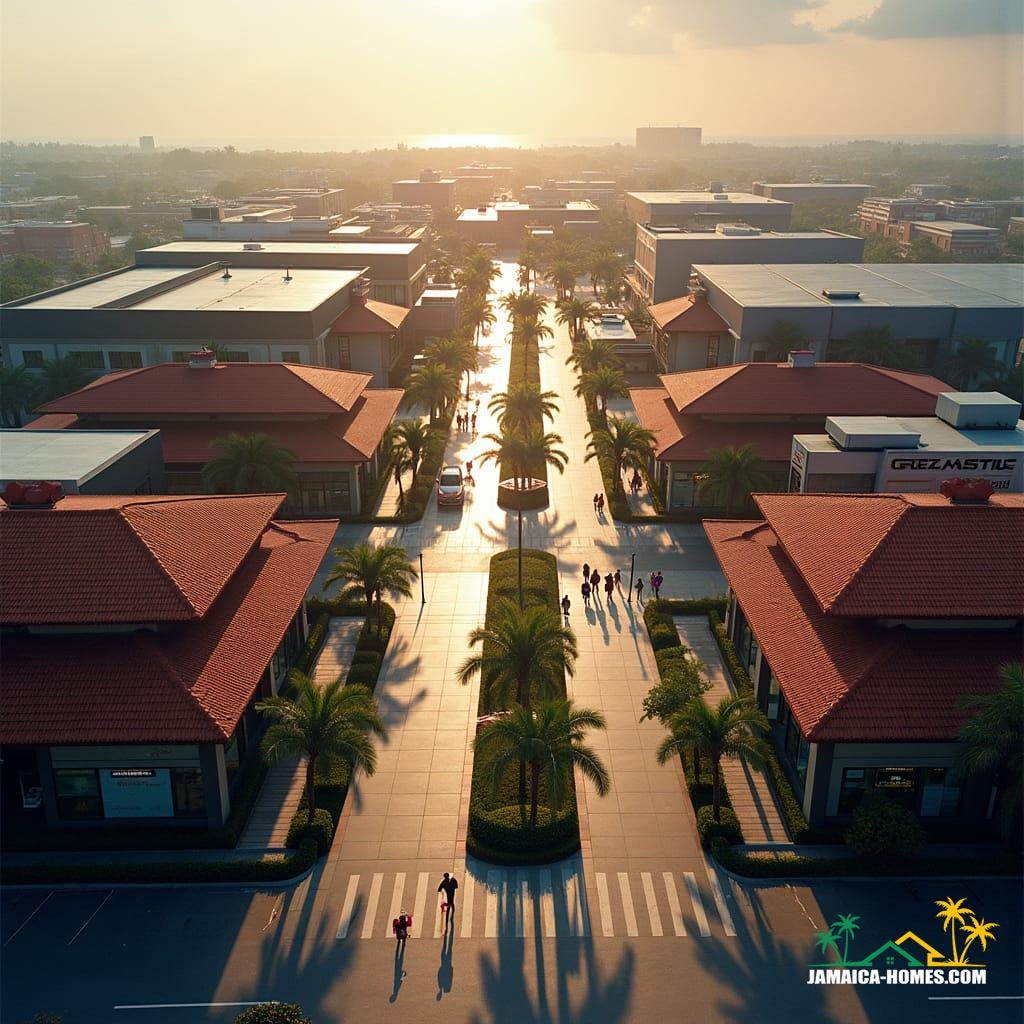 This visual offers a glimpse of what a Special Economic Zone could bring to areas like Boscobel and other parts of Jamaica. It features modern buildings for a call center, expansive warehousing facilities, sleek aircraft hangars, and a bustling commercial plaza filled with banks, restaurants, and shops. The layout includes factory outlets and a state-of-the-art medical facility, all surrounded by lush tropical landscaping. The scene is alive with people walking between buildings, workers commuting, and organized roads lined with parked cars, symbolizing the creation of over 2500 jobs, higher rental demand, and rising property values. This illustration captures the vibrancy and potential of a community hub thriving with new services and economic growth.