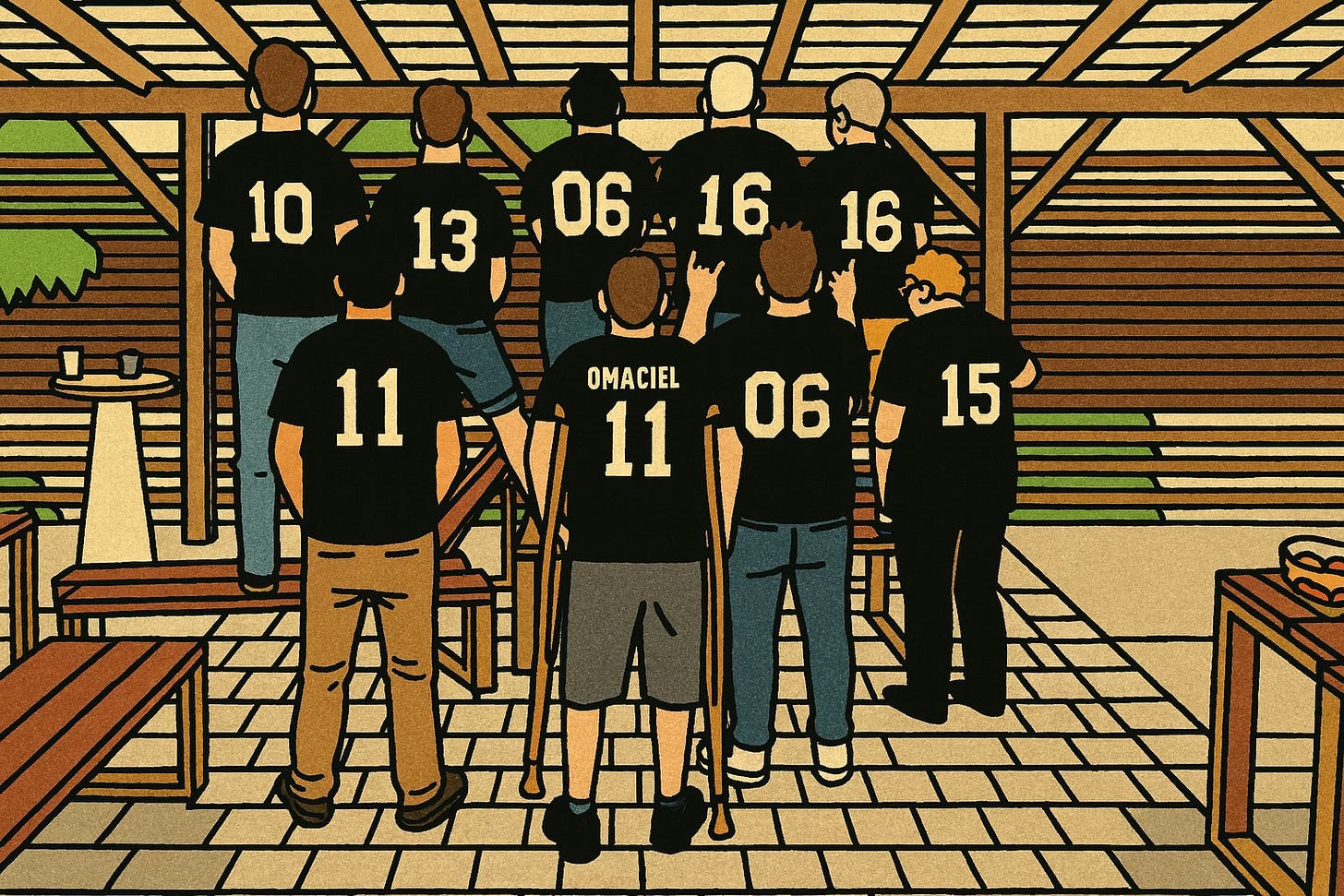 This is a cartoonized rendering of a real photograph. All names and identifying details on the shirts have been removed to respect the privacy of the individuals involved. This is a cartoonized rendering of a real photograph. All names and identifying details on the shirts have been removed to respect the privacy of the individuals involved.