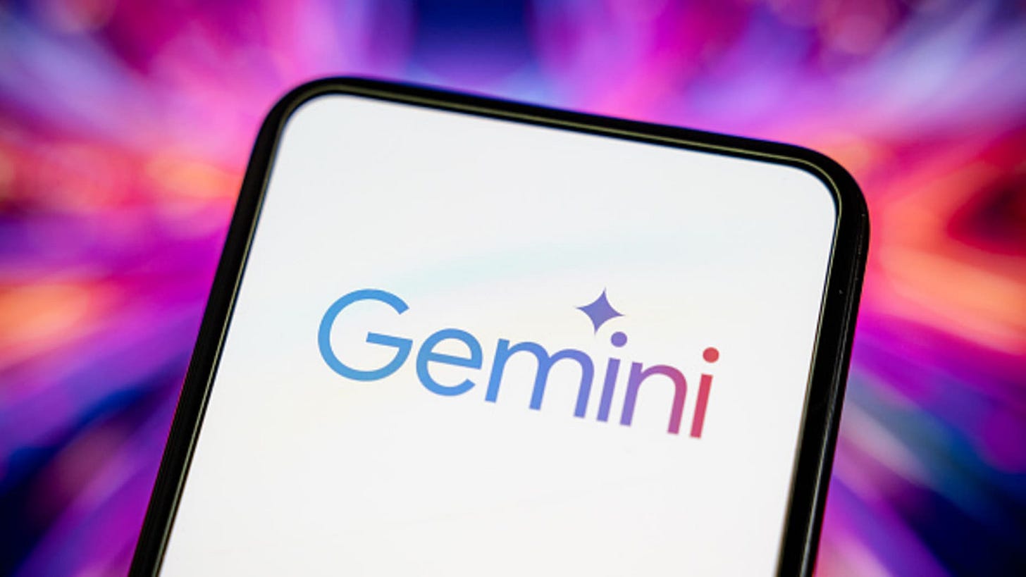 This illustration photo shows the logo of Google's artificial intelligence (AI) application, Gemini, displayed on a white background on a phone screen with a colorful background, in Paris, France, on February 6, 2025.