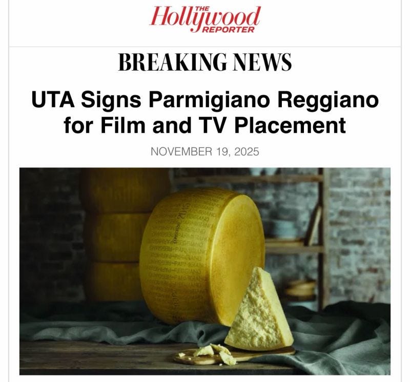 When I saw this I assumed it was one of the Italian Brainrot characters.  But no, United Talent Agency signed the actual block of cheese! | Alex K.