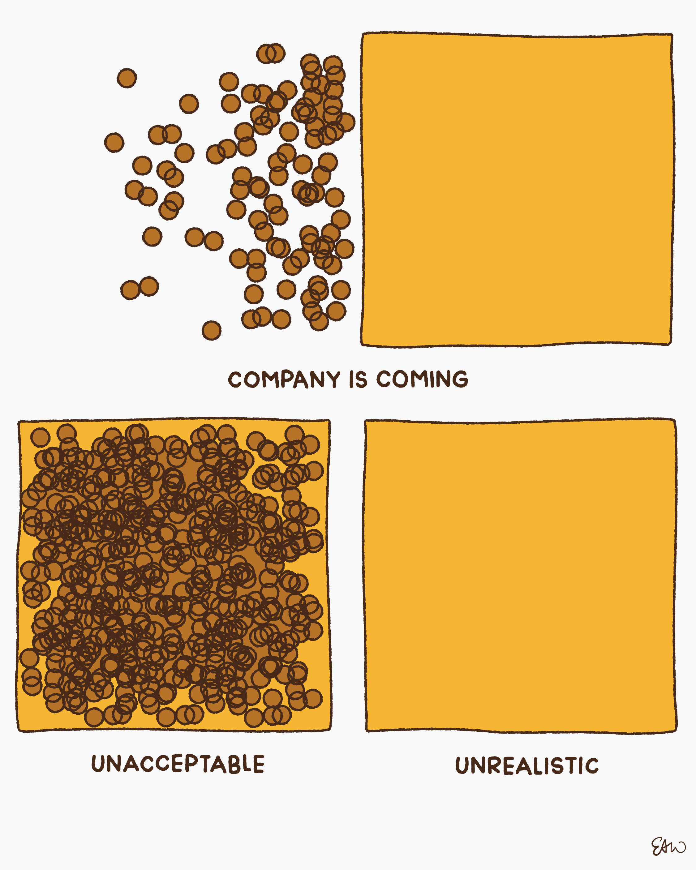A conceptual illustration showing how mess is dealt with when company is coming