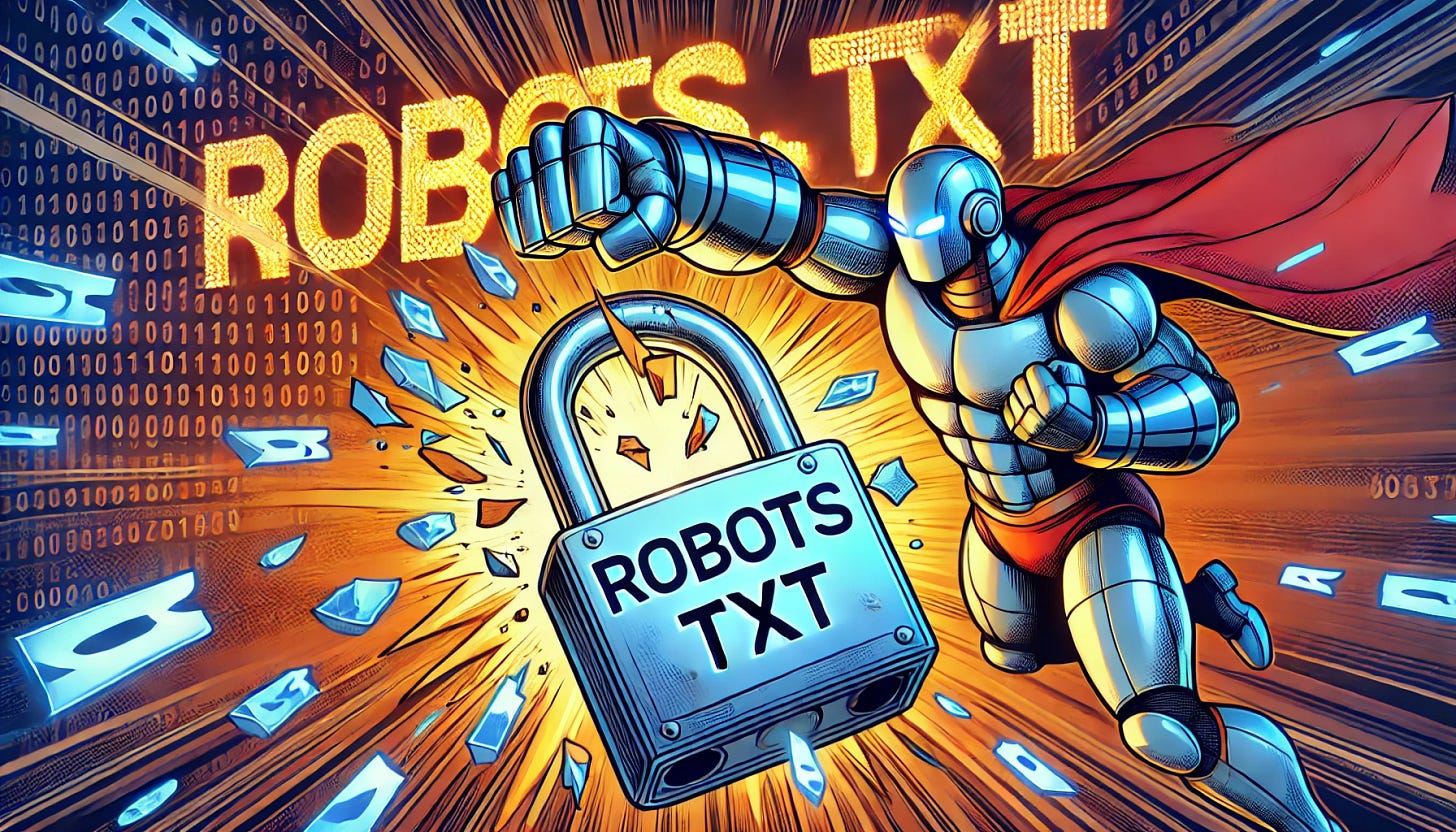 A comic book-style superhero robot with a metallic cape is breaking a large digital padlock labeled 'robots.txt'. The robot is striking the padlock with a glowing fist or laser tool, causing the lock to shatter into digital fragments. In the background, a large neon sign or luminous display shows the text 'robots.txt' in bright, futuristic font. The scene is colorful, with bold comic-style outlines, dynamic action lines, and dramatic lighting, capturing a moment of powerful defiance. 16:9 horizontal format.