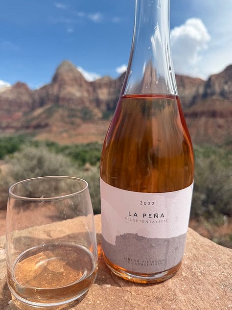 A gallery of three wine bottles featured in this newsletter: Tempo d'Angelus Bordeaux, Tenuta Tascante Carricante 'Buonora' Etna Bianco, and La Peña Milsetentayseis rosado, each photographed in the setting where it was enjoyed.