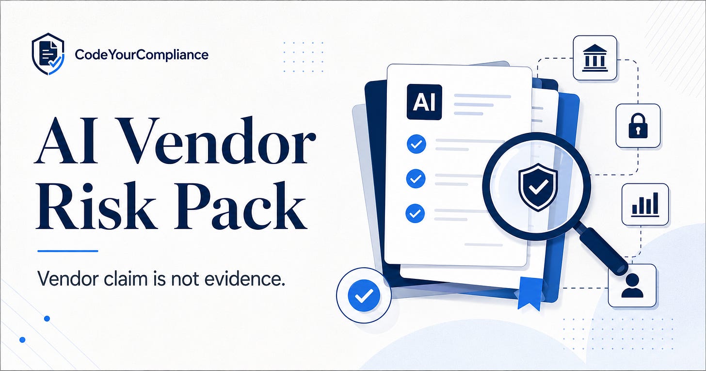 A clean blue-and-white banner for CodeYourCompliance titled “AI Vendor Risk Pack,” with the subtitle “Vendor claim is not evidence.” The illustration shows a stack of AI review documents, checklist marks, a magnifying glass over a shield icon, and connected icons representing governance, security, analytics, and user review.
