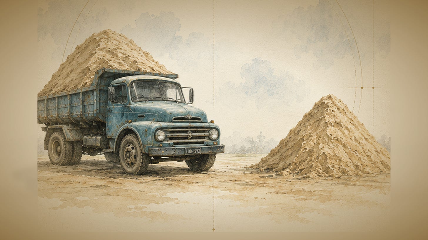 Ilustração em estilo aquarela de um caminhão antigo azul, carregado com uma grande quantidade de areia, parado diante de outro monte de areia sobre um fundo claro e texturizado.