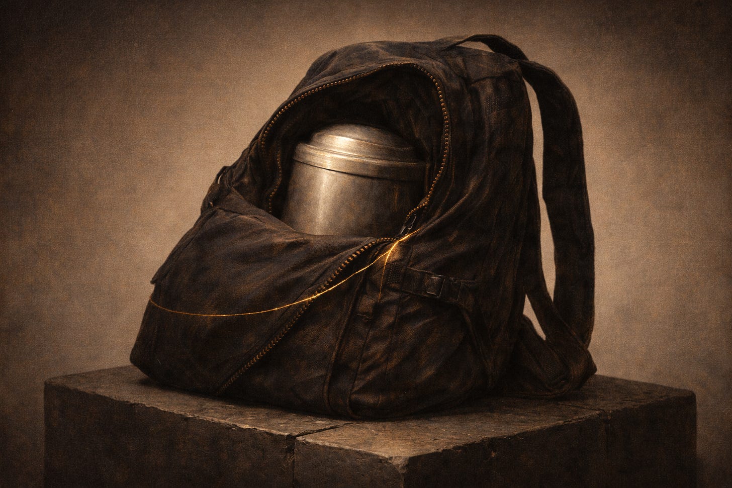 Oil-style still life of a worn black backpack resting on a stone pedestal, partially unzipped to reveal a silver travel urn inside. A faint gold thread glows along the zipper seam, suggesting something mythic beneath the modern object. Oil-style still life of a worn black backpack resting on a stone pedestal, partially unzipped to reveal a silver travel urn inside. A faint gold thread glows along the zipper seam, suggesting something mythic beneath the modern object.