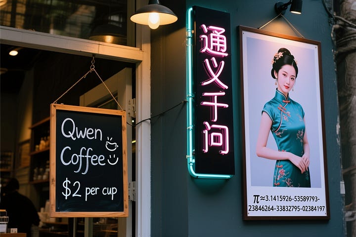 A coffee shop entrance features a chalkboard sign reading "Qwen Coffee 😊 $2 per cup," with a neon light beside it displaying "通义千问". Next to it hangs a poster showing a beautiful Chinese woman, and beneath the poster is written "π≈3.1415926-53589793-23846264-33832795-02384197".