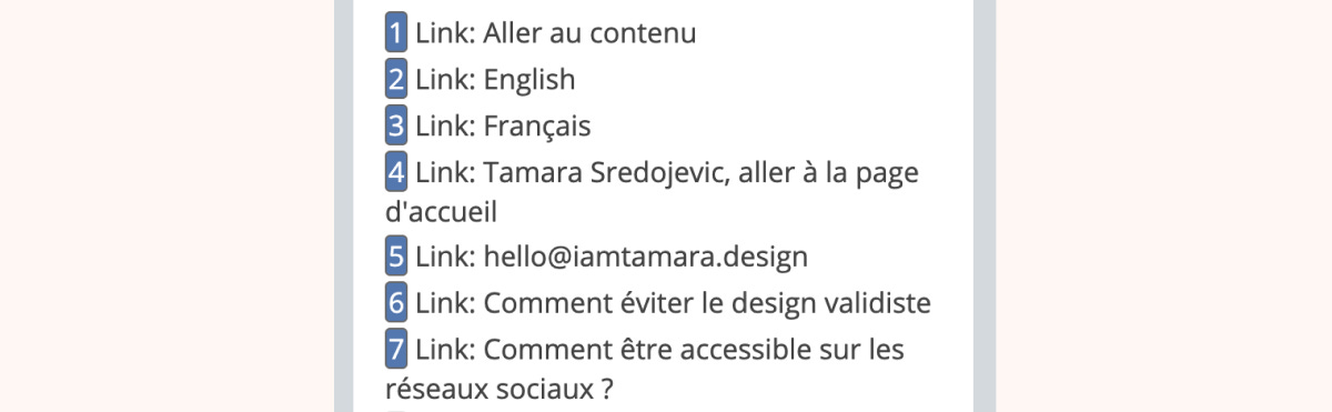 Liste des intitulés de liens sur Wave : 1 link aller au contenu, 2 link english, 3 link français, 4 link aller à la page d'accueil etc.