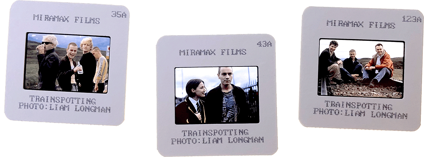 TRAINSPOTTING slides; courtesy of Miramax Films, photos by Liam Longman.