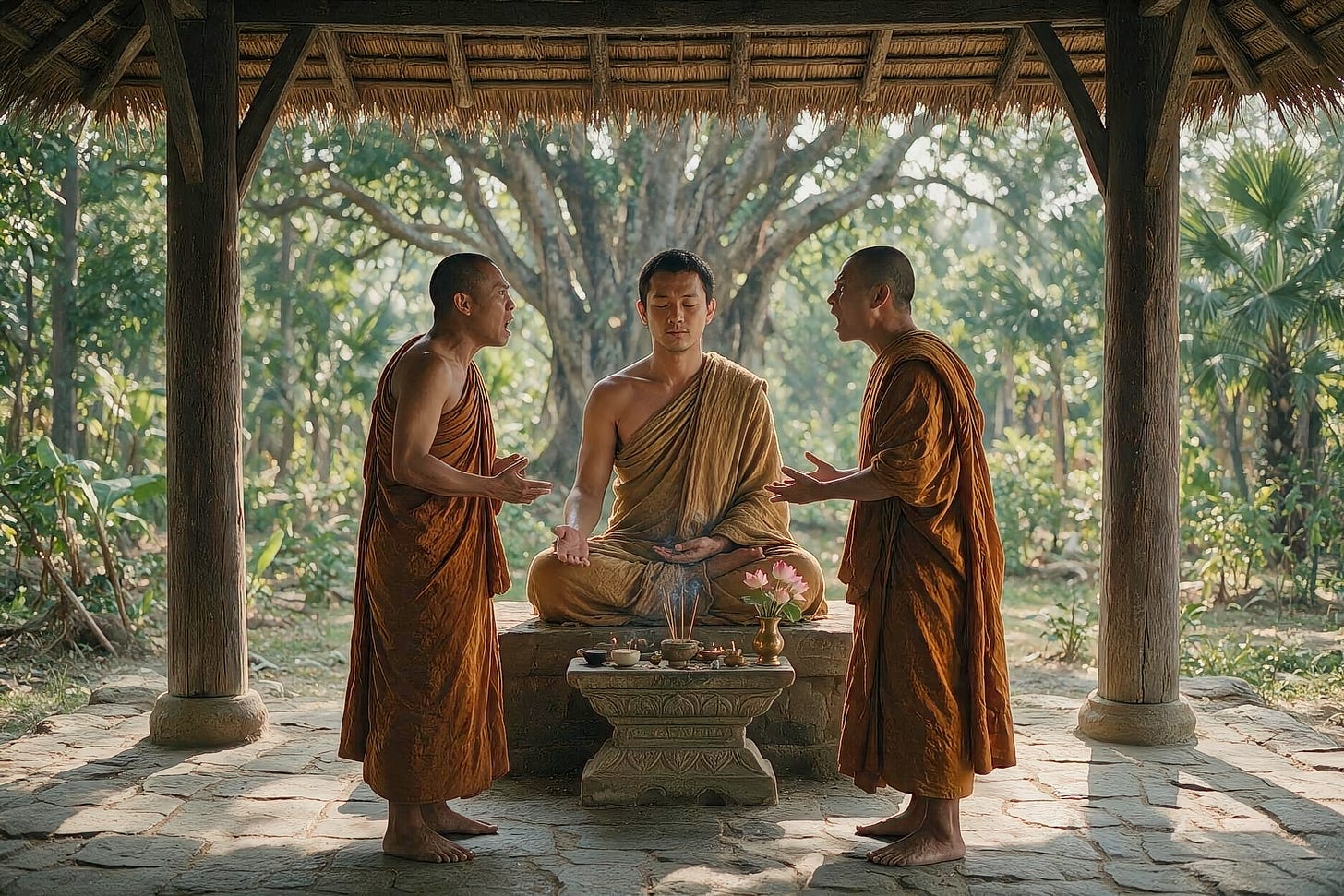 Illustration of the Buddha and two monks arguing Illustration of the Buddha and two monks arguing