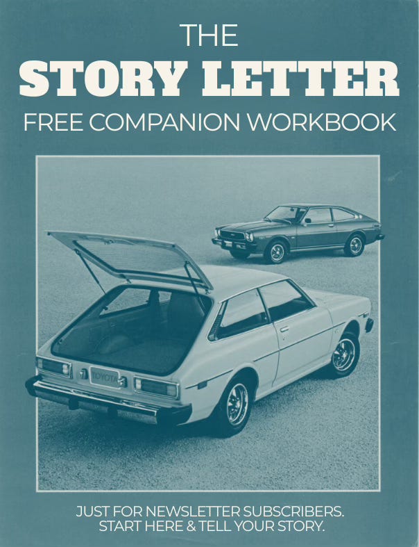 A teal-toned image that says THE STORY LETTER FREE COMPANION WORKBOOK and has an image of two 1970's hatchback cars.