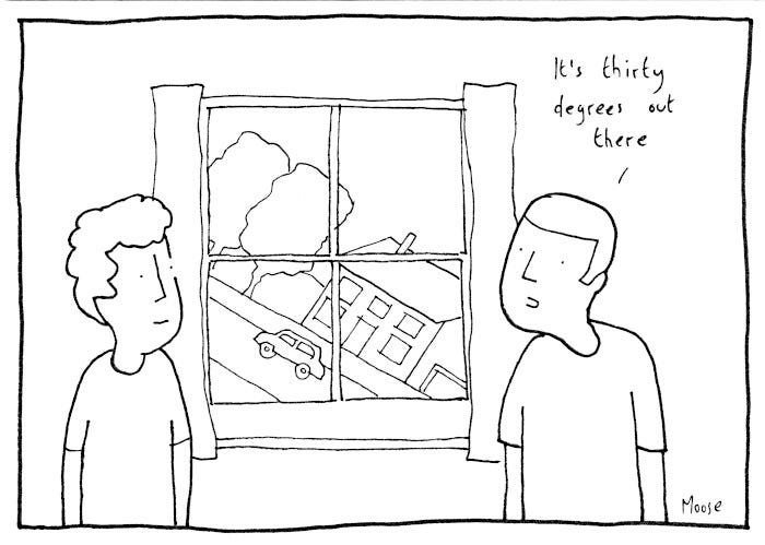 Cartoon. Two people looking out of a window, everything is at an angle. One is saying to the other “It’s thirty degrees out there”