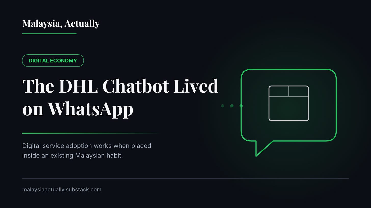 Malaysia, Actually title card: The DHL Chatbot Lived on WhatsApp, showing a chat bubble holding a parcel Malaysia, Actually title card: The DHL Chatbot Lived on WhatsApp, showing a chat bubble holding a parcel