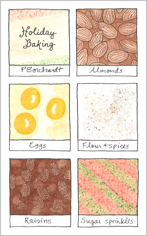 Holiday Baking (pen & watercolor): Almonds, Eggs, Flour & spices, Raisins, & Sugar sprinkles