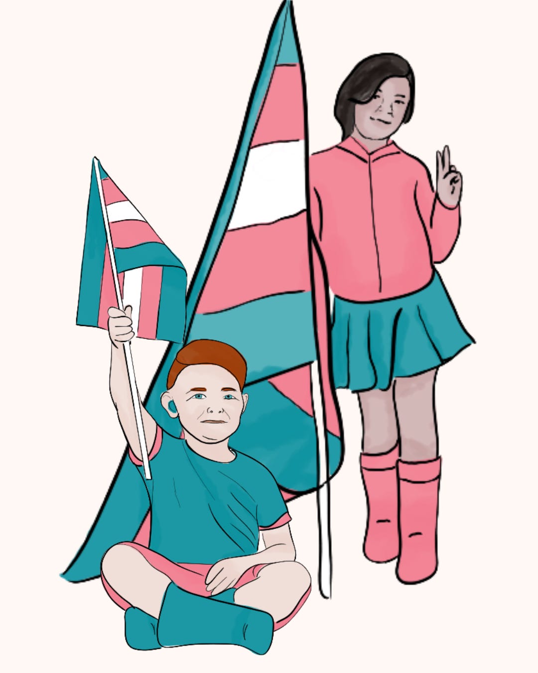 Illustration of two children wearing pink and blue with trans flags