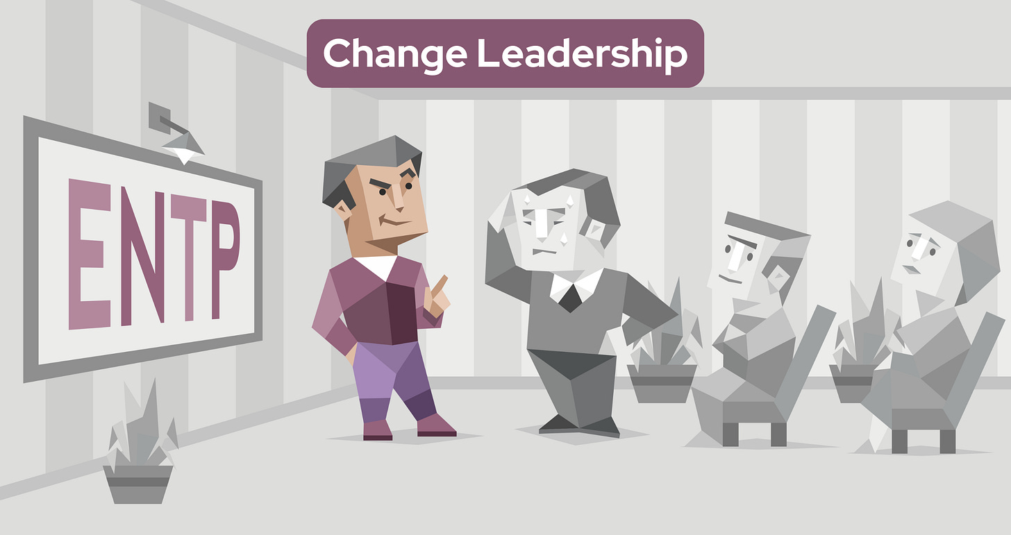 An ENTP man wearing a purple jacket and pants stands in a room with a finger raised, exuding confidence. He is engaging another man in a debate, and that person is sweating and appears nervous. To their right, two monochrome people sit attentively in chairs, watching. Behind the ENTP man, the bold letters “ENTP” are prominently displayed on a large screen.