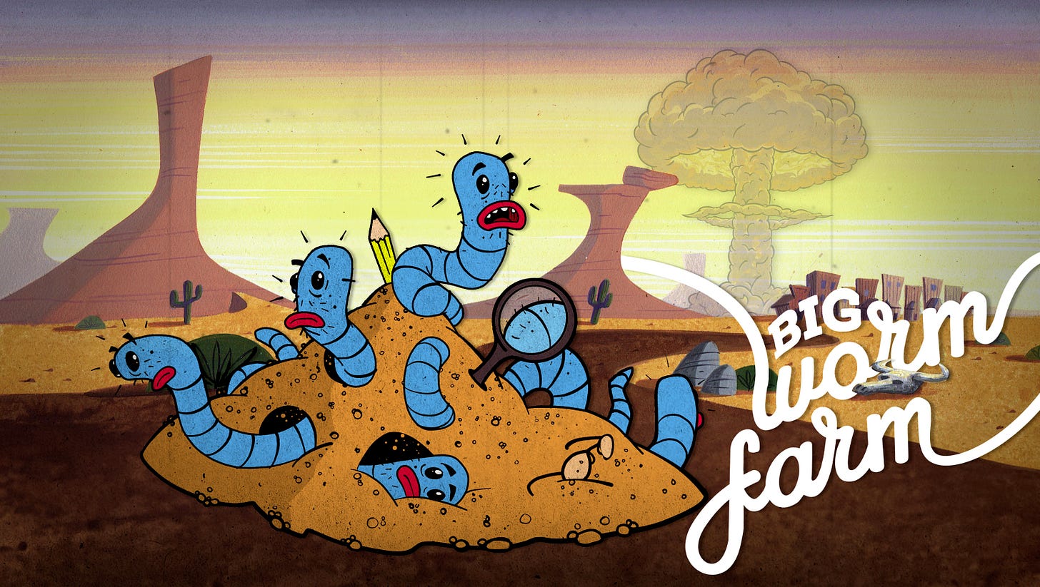 The Big Worm Farm logo - a lot of worms in dirt looking stressed out
