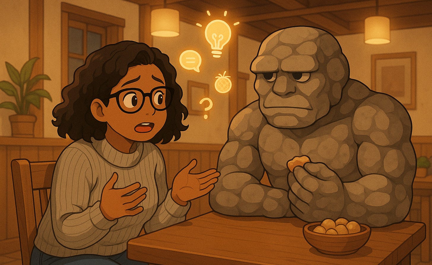 A developer talking to a grumpy-looking golem at a table, looking unsure, with idea icons floating in the air.