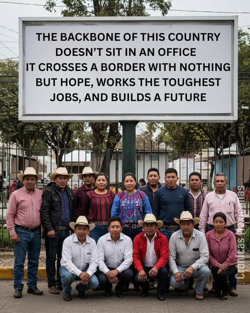 May be an image of 12 people and text that says '.含 THE CKBONE OF THIS COUNTRY DOESN'T SIT IN AN OFFICE IT CROSSES A BORDER WITH NOTHING HOPE, WORKS THE TOUGHEST JOBS, AND BUILDS A FUTURE mm lale-la SONE အ်'