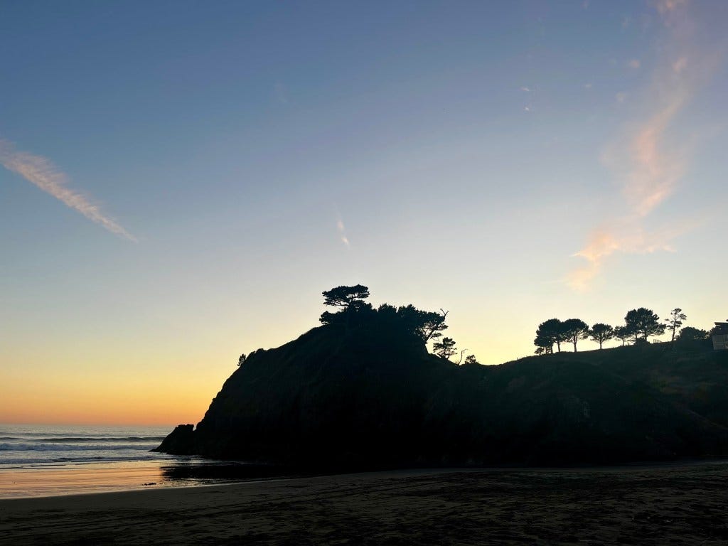 Trees growing atop an outcrop that juts into sea are silhouetted against the waning minutes of an evening on the Oregon Coast. Faint, wispy clouds are tinted pink and where the sky meets the sea, the horizon glows orange and yellow, colors the waves washing upon a sandy beach mirror.