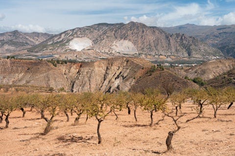 Quarries, a solar panel field and a water-bottling plant on the same mountain, almond trees in the foreground, in Durcal, Granada, Andalucia, Spain