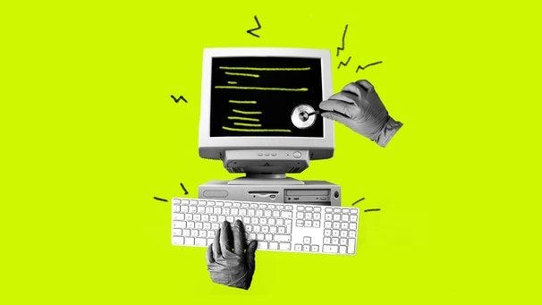 This may contain: two hands are typing on a computer keyboard