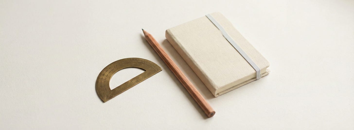 Overhead shot of a brass protractor, cedar pencil, and linen notebook arranged diagonally on a minimal off-white surface.
