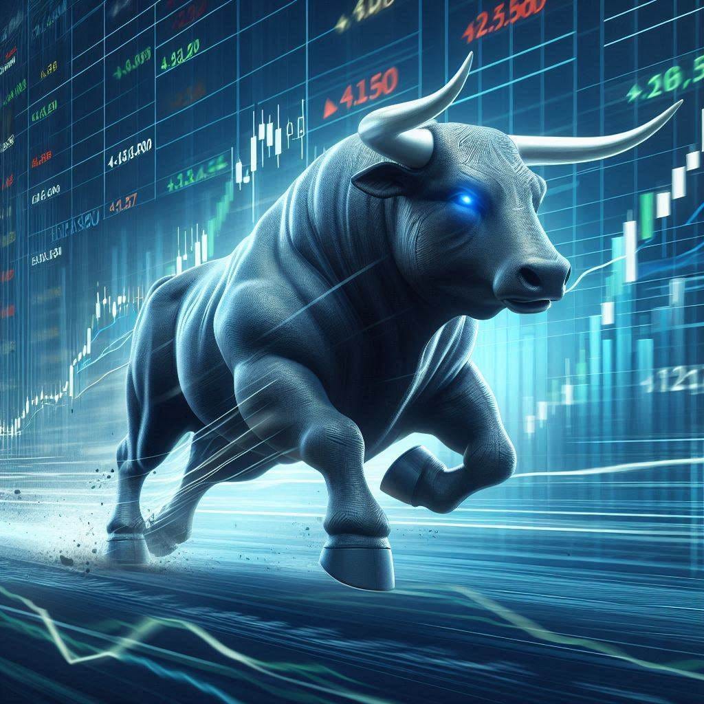 a charging bull with stock chart in the background