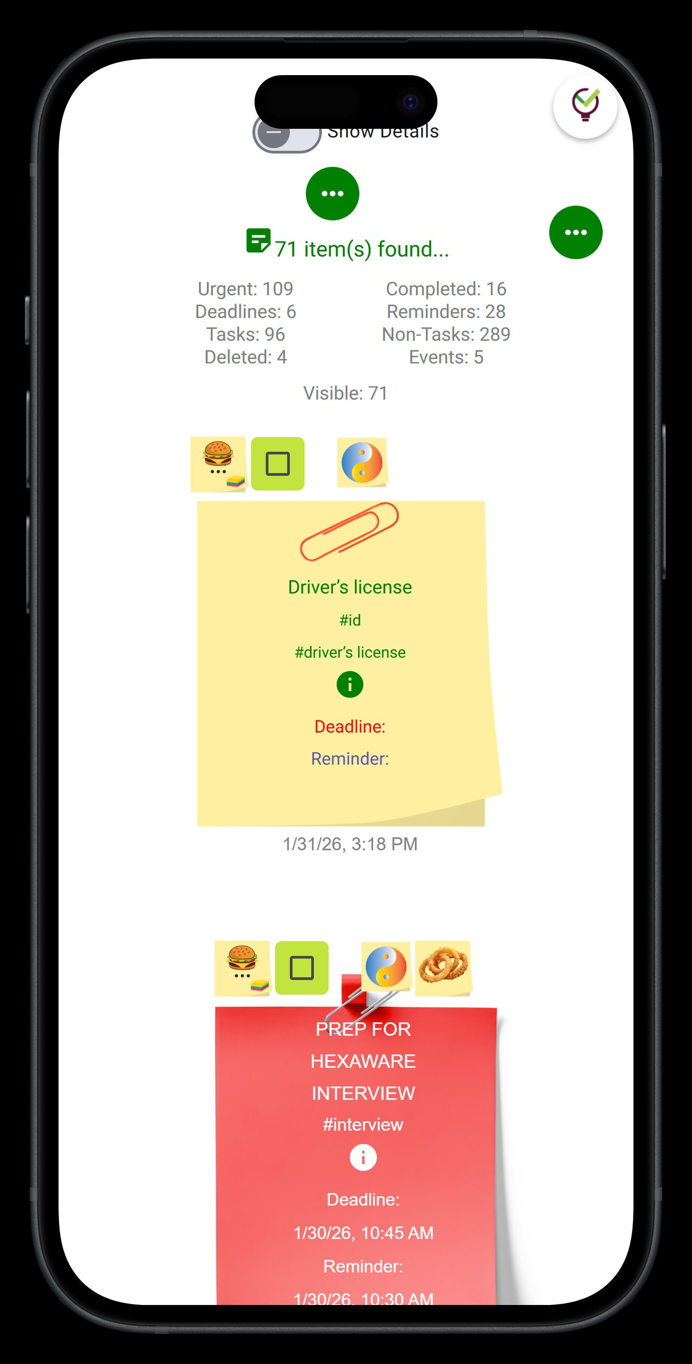A TaskLoco note on iPhone — deadline, reminder, urgency settings all in one tap