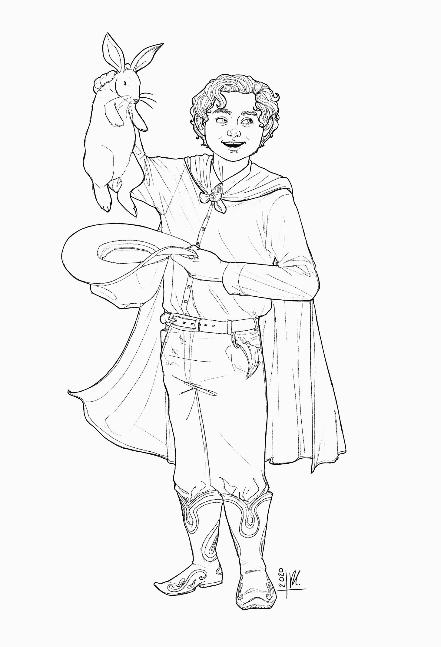 A black and white line drawing of a young boy in cowboy gear pulling a rabbit from the ten gallon hat A black and white line drawing of a young boy in cowboy gear pulling a rabbit from the ten gallon hat