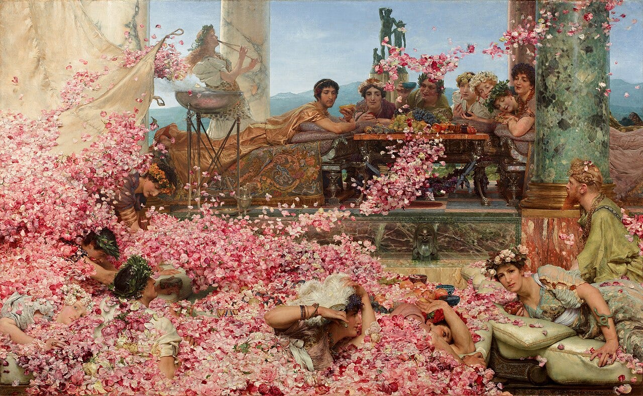 Alma Tadema's Roses of Heliogabalus, guests buried under falling pink petals Alma Tadema's Roses of Heliogabalus, guests buried under falling pink petals